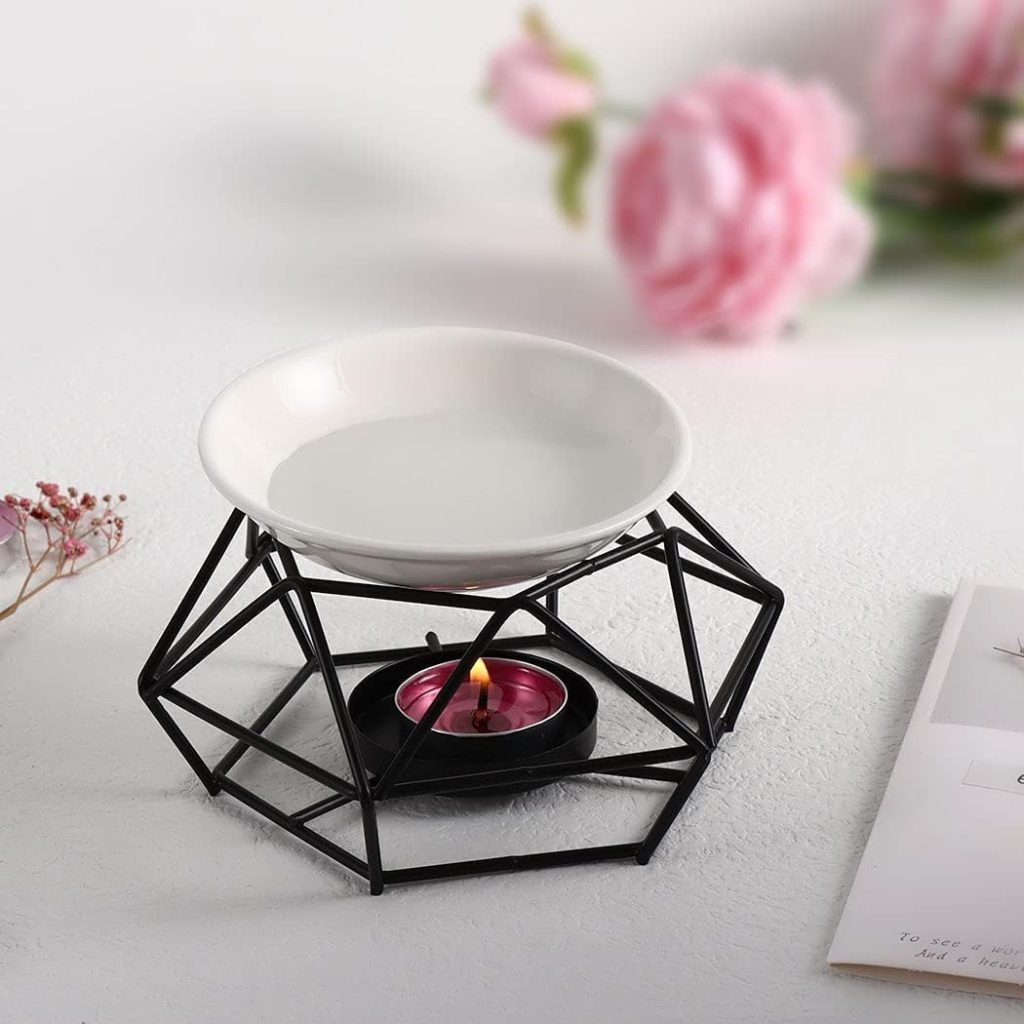 Essential Oil Burner for Scented Oil Tea Light Wax Melt Warmer Ceramic Tealight Wax Candle Burner Black Metal Aroma Diffuser-Set of 1