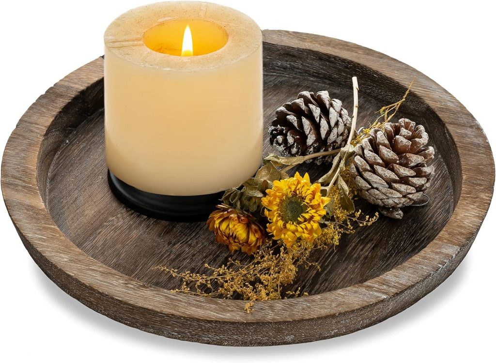 Romadedi Rustic Wooden Tray Candle Holder - Small Wood Decorative Plate Pillar Candle Tray for Farmhouse Kitchen Countertop Bathroom Coffee Table Organizer Home Decor Wedding Centerpiece, 11inch