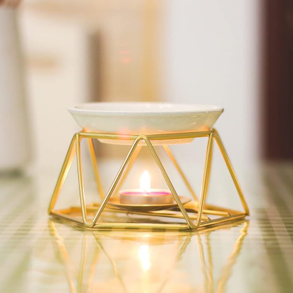 Tealight Oil Burner Ceramic Essential Oil Burner Tealight Candle Holder Aroma Scented Candle Oil Diffuser Glod Metal Tea Light Wax Melt Warmer Furnace Home Decoration